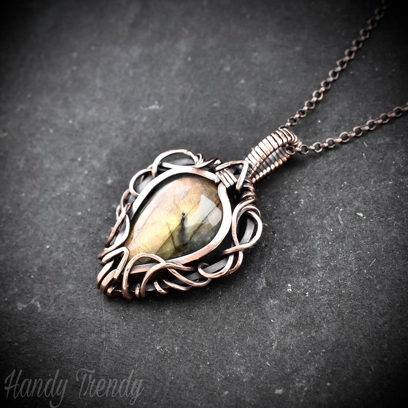 Free flow golden labradorite pendant, Copper Wire wrapped necklace, Unique handmade gift, One of a kind artisan boho jewelry