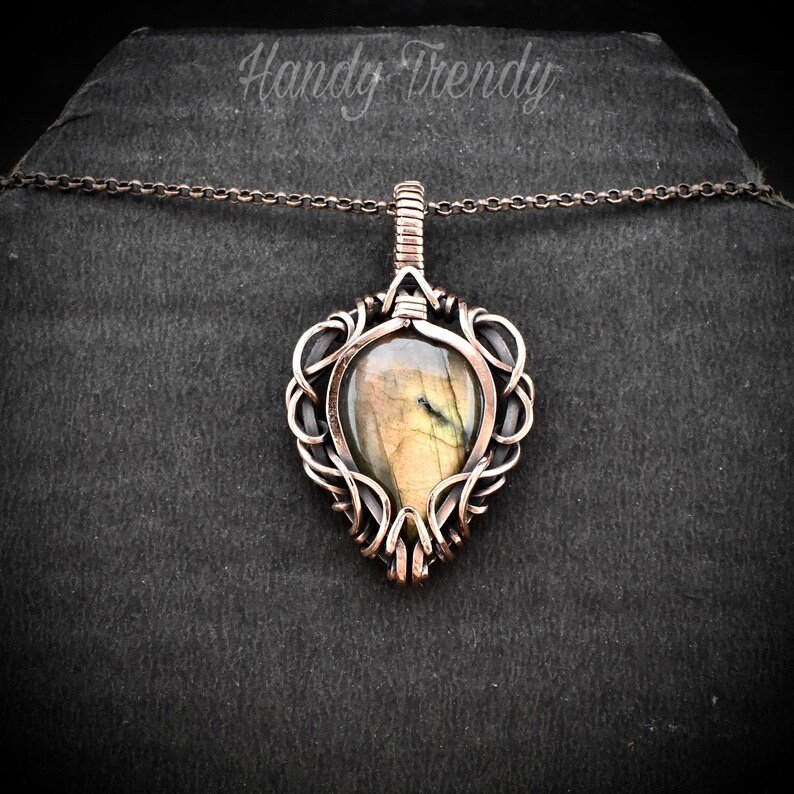 Free flow golden labradorite pendant, Copper Wire wrapped necklace, Unique handmade gift, One of a kind artisan boho jewelry