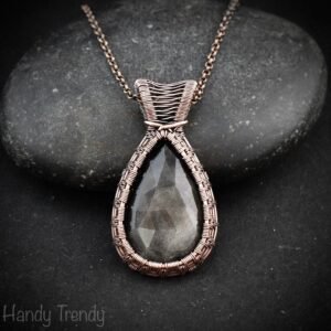 Silver obsidian pendant, Copper wire wrapped necklace, Unique handmade gift, One of a kind artisan jewelry