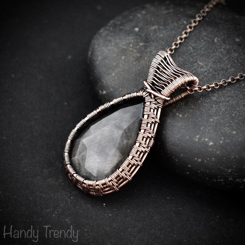 Silver obsidian pendant, Copper wire wrapped necklace, Unique handmade gift, One of a kind artisan jewelry