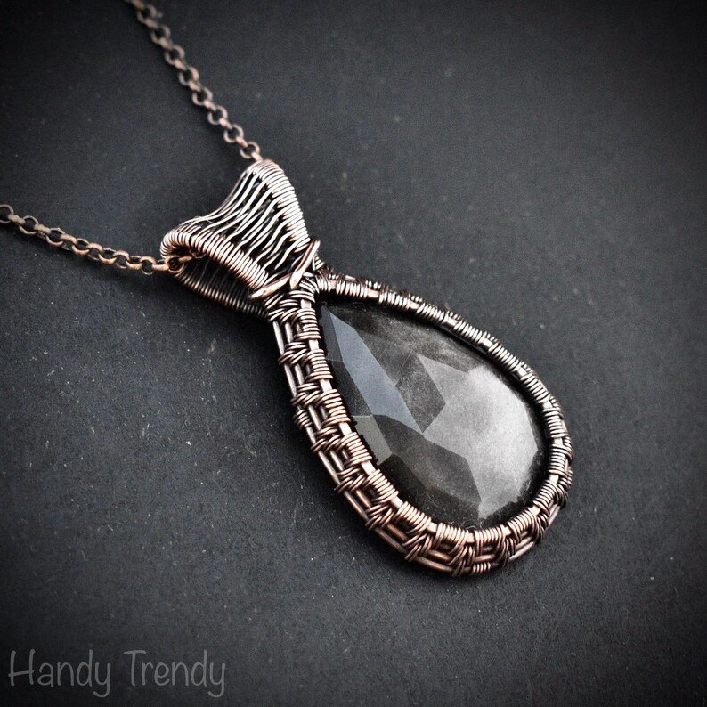 Silver obsidian pendant, Copper wire wrapped necklace, Unique handmade gift, One of a kind artisan jewelry