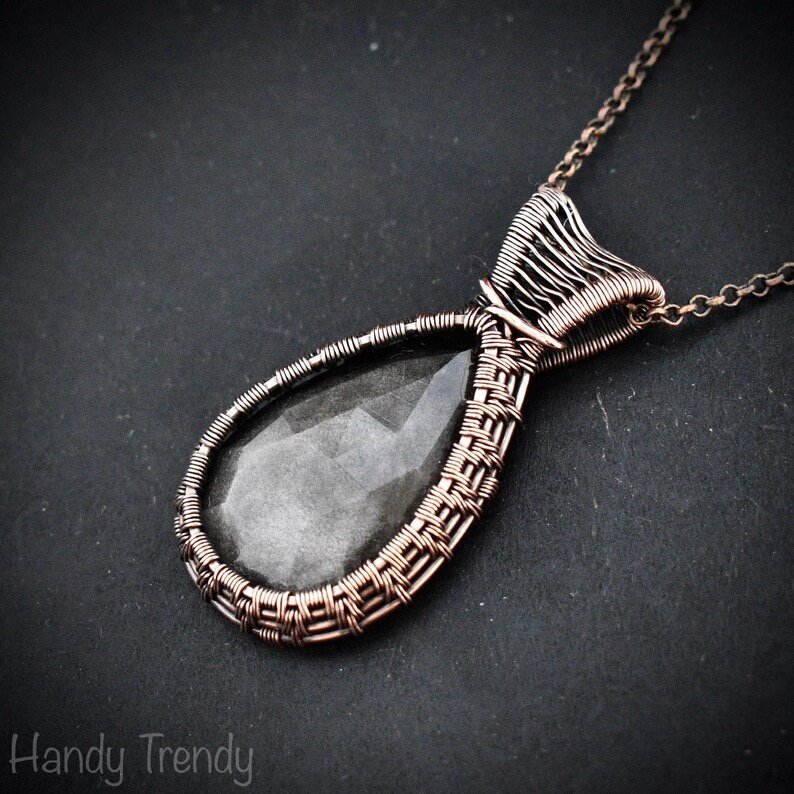 Silver obsidian pendant, Copper wire wrapped necklace, Unique handmade gift, One of a kind artisan jewelry