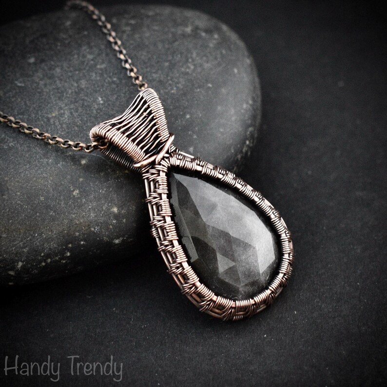 Silver obsidian pendant, Copper wire wrapped necklace, Unique handmade gift, One of a kind artisan jewelry