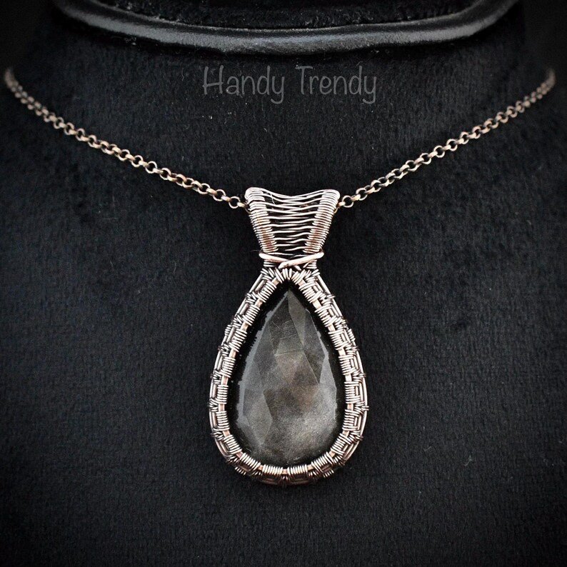 Silver obsidian pendant, Copper wire wrapped necklace, Unique handmade gift, One of a kind artisan jewelry