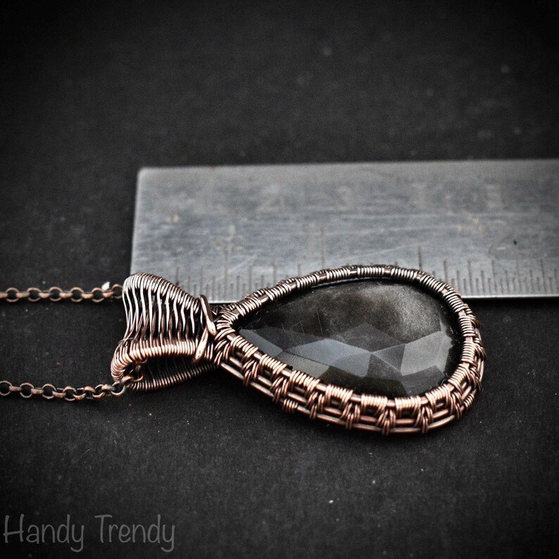 Silver obsidian pendant, Copper wire wrapped necklace, Unique handmade gift, One of a kind artisan jewelry