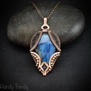 Blue labradorite necklace, Wavy prong pendant, Copper wire wrapped jewelry, Unique handmade gift, One of a kind artisan boho style