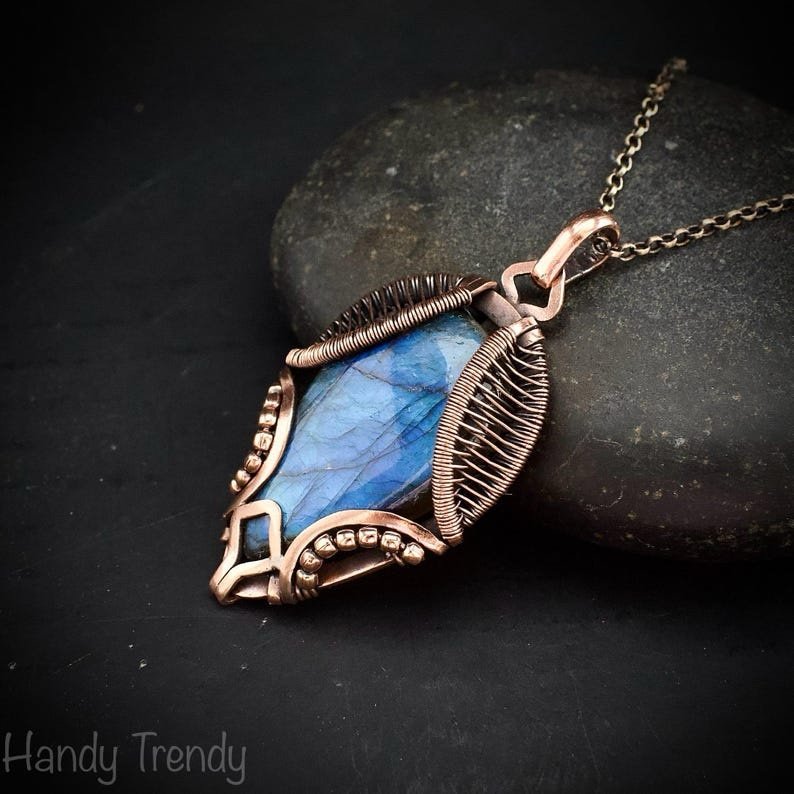 Blue labradorite necklace, Wavy prong pendant, Copper wire wrapped jewelry, Unique handmade gift, One of a kind artisan boho style