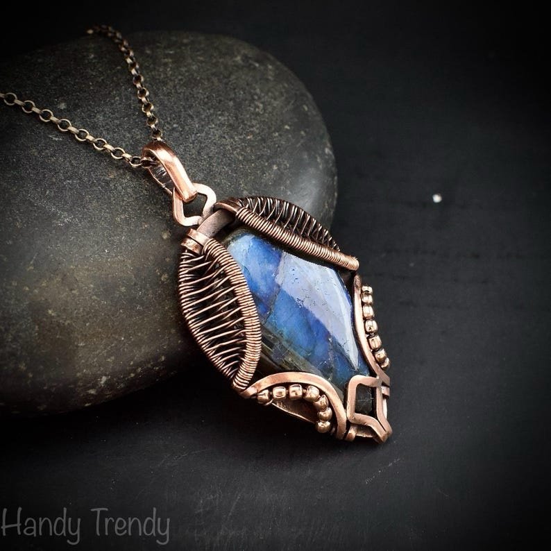 Blue labradorite necklace, Wavy prong pendant, Copper wire wrapped jewelry, Unique handmade gift, One of a kind artisan boho style