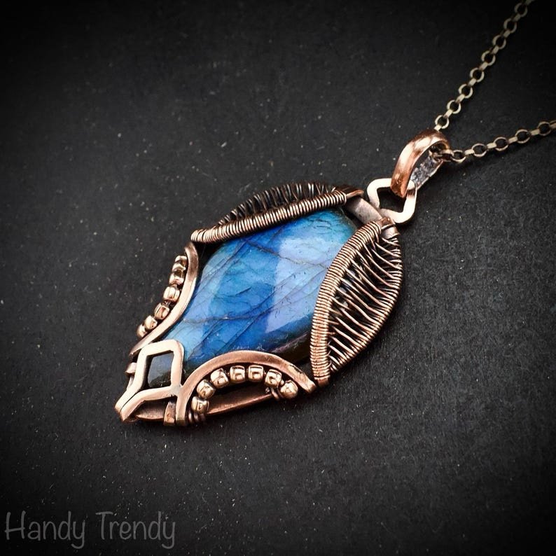 Blue labradorite necklace, Wavy prong pendant, Copper wire wrapped jewelry, Unique handmade gift, One of a kind artisan boho style
