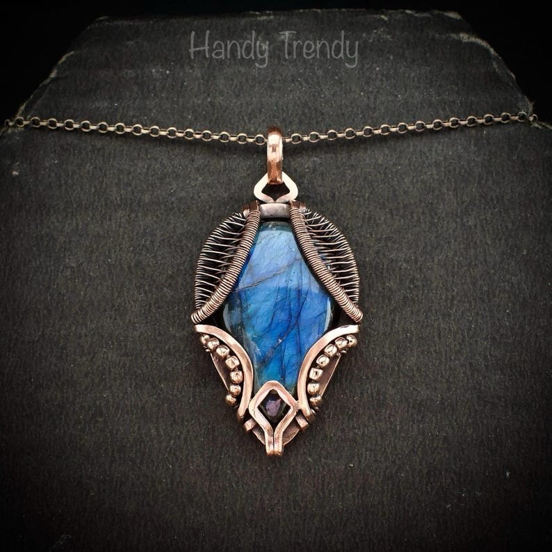 Blue labradorite necklace, Wavy prong pendant, Copper wire wrapped jewelry, Unique handmade gift, One of a kind artisan boho style