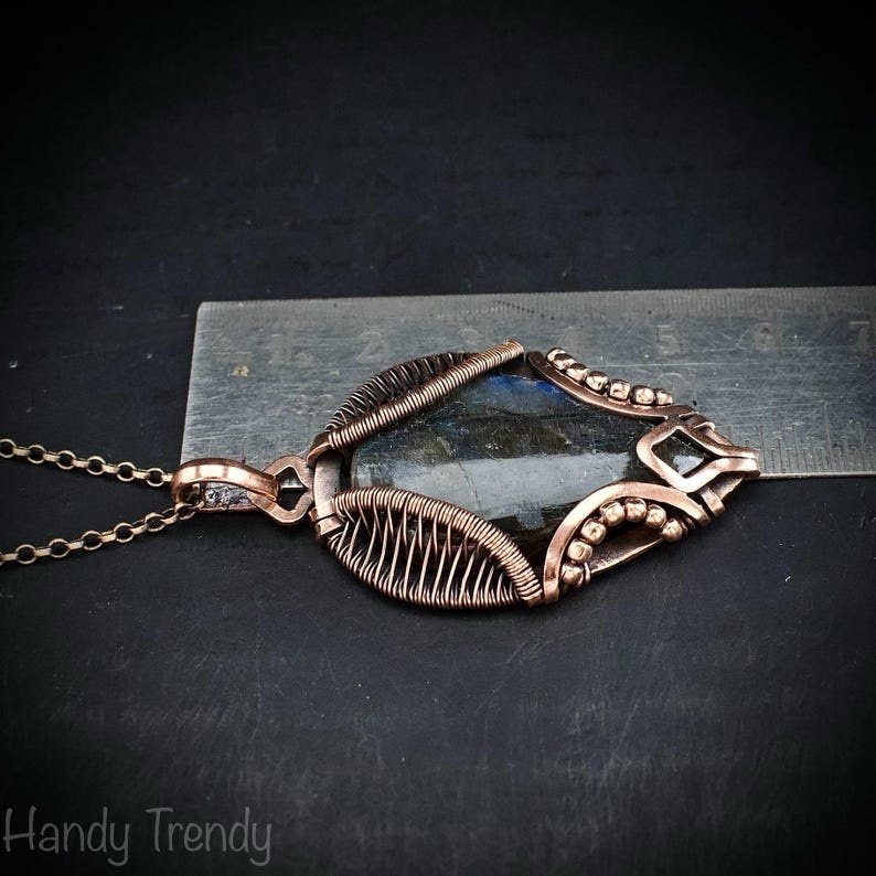 Blue labradorite necklace, Wavy prong pendant, Copper wire wrapped jewelry, Unique handmade gift, One of a kind artisan boho style