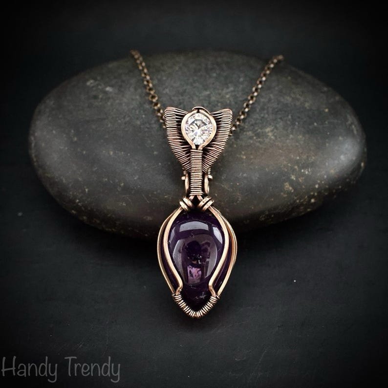 Amethyst and zircon stone pendant, Copper wire wrapped necklace, Unique handmade gift, One of a kind artisan boho jewelry