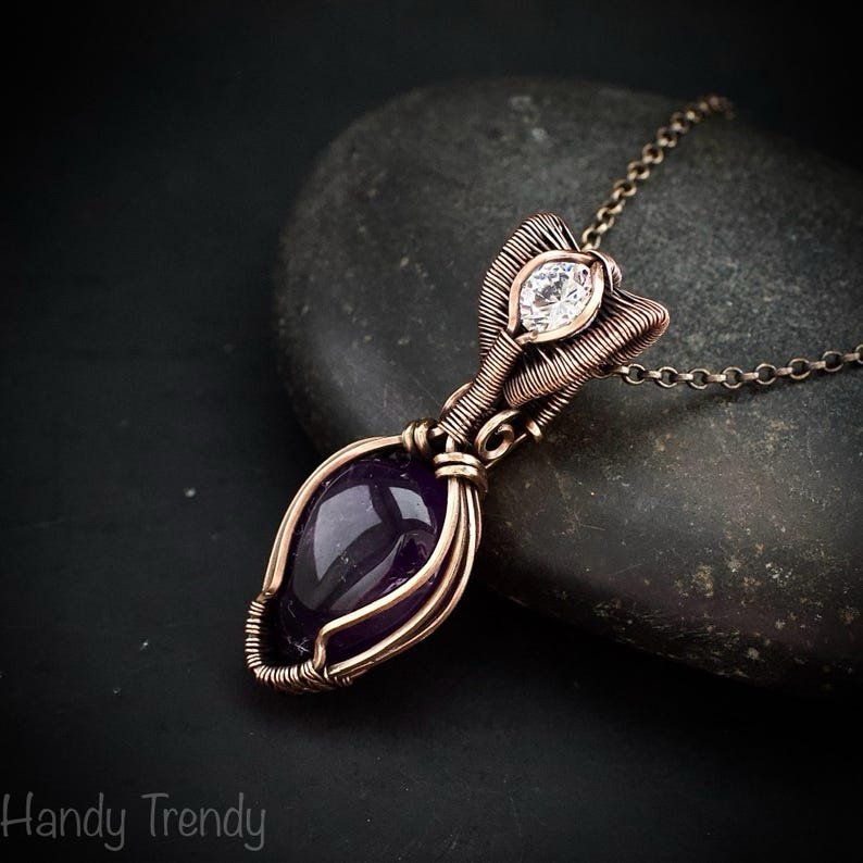 Amethyst and zircon stone pendant, Copper wire wrapped necklace, Unique handmade gift, One of a kind artisan boho jewelry