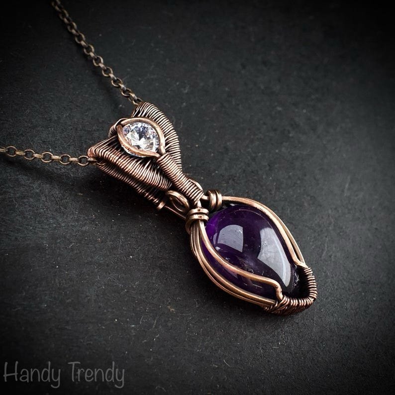 Amethyst and zircon stone pendant, Copper wire wrapped necklace, Unique handmade gift, One of a kind artisan boho jewelry