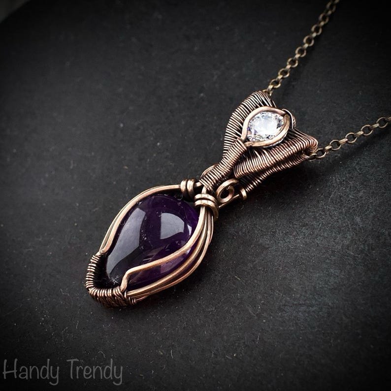 Amethyst and zircon stone pendant, Copper wire wrapped necklace, Unique handmade gift, One of a kind artisan boho jewelry