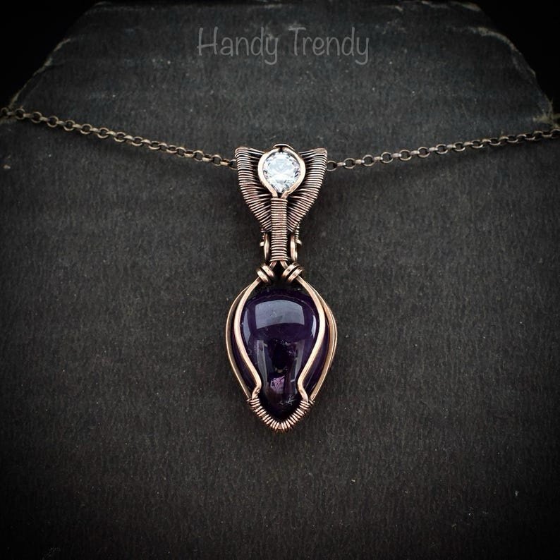 Amethyst and zircon stone pendant, Copper wire wrapped necklace, Unique handmade gift, One of a kind artisan boho jewelry