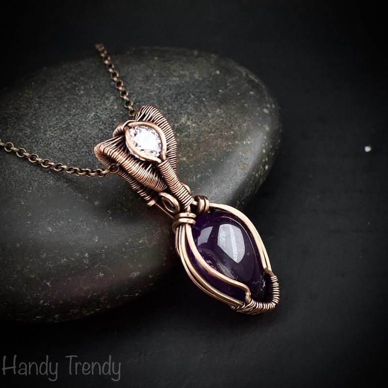 Amethyst and zircon stone pendant, Copper wire wrapped necklace, Unique handmade gift, One of a kind artisan boho jewelry