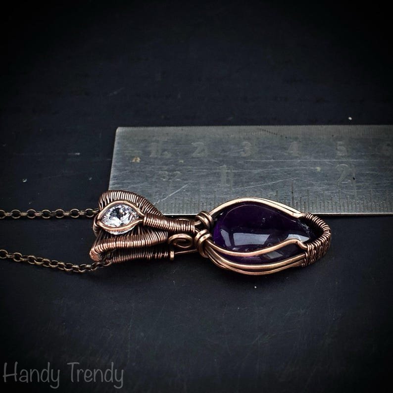 Amethyst and zircon stone pendant, Copper wire wrapped necklace, Unique handmade gift, One of a kind artisan boho jewelry