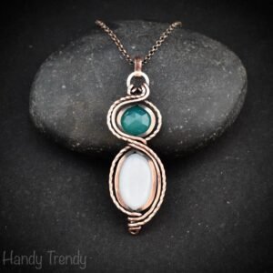 Green onyx and white moonstone pendant, Free-flow Copper Wire wrapped necklace, Unique handmade gift, One of a kind jewelry