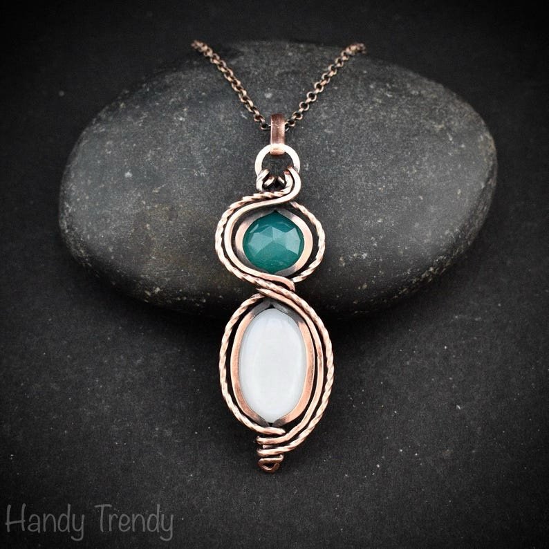 Green onyx and white moonstone pendant, Free-flow Copper Wire wrapped necklace, Unique handmade gift, One of a kind jewelry