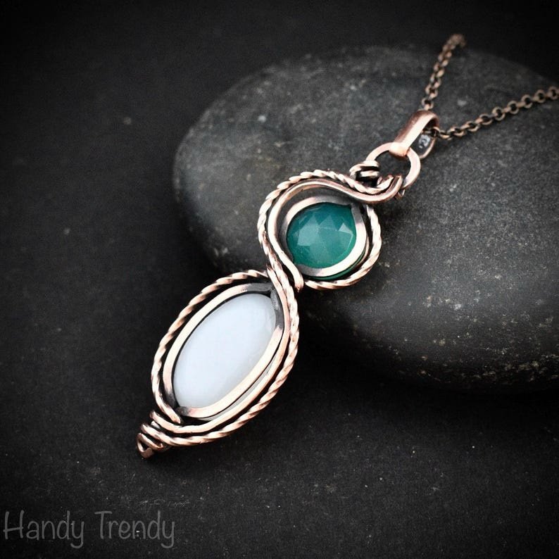 Green onyx and white moonstone pendant, Free-flow Copper Wire wrapped necklace, Unique handmade gift, One of a kind jewelry