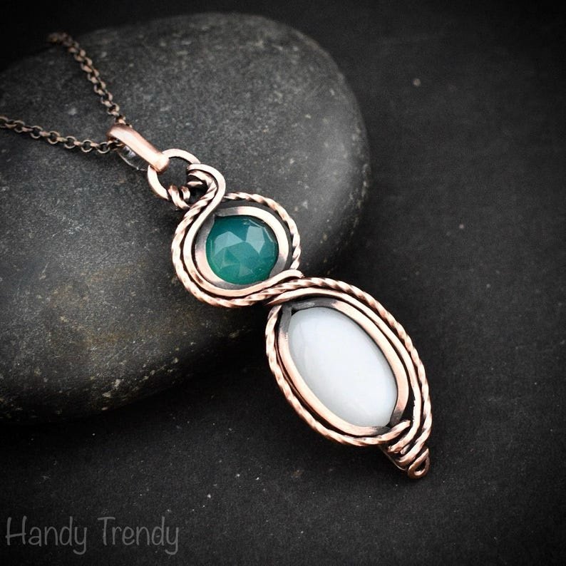 Green onyx and white moonstone pendant, Free-flow Copper Wire wrapped necklace, Unique handmade gift, One of a kind jewelry