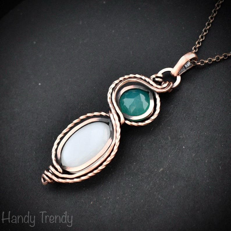 Green onyx and white moonstone pendant, Free-flow Copper Wire wrapped necklace, Unique handmade gift, One of a kind jewelry
