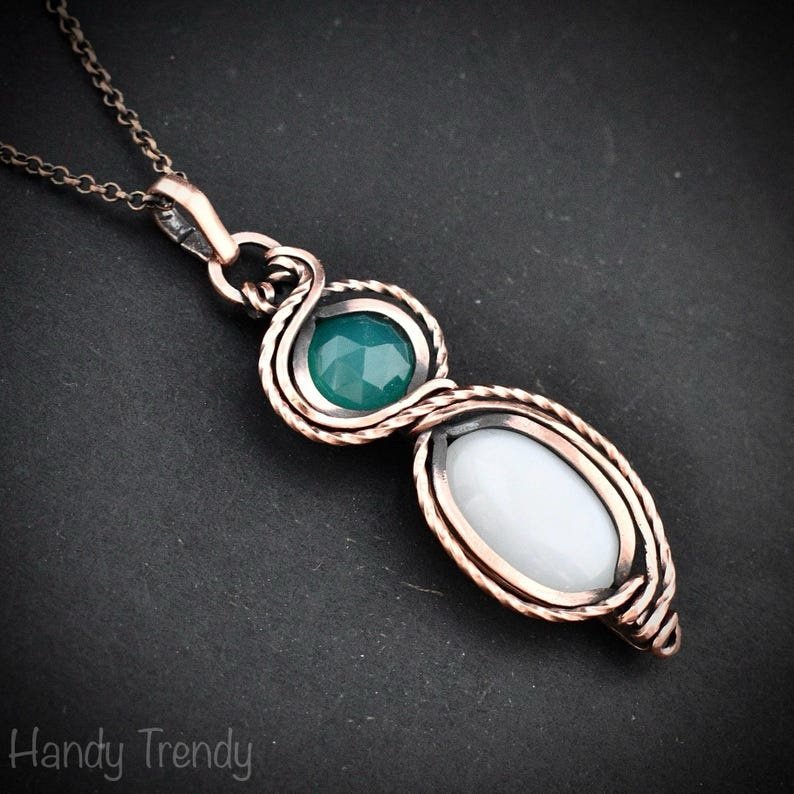 Green onyx and white moonstone pendant, Free-flow Copper Wire wrapped necklace, Unique handmade gift, One of a kind jewelry