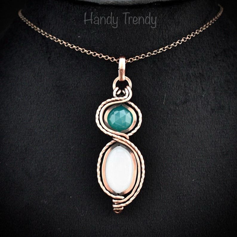 Green onyx and white moonstone pendant, Free-flow Copper Wire wrapped necklace, Unique handmade gift, One of a kind jewelry