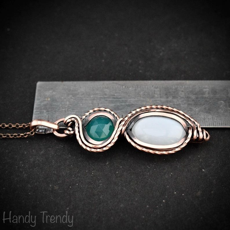 Green onyx and white moonstone pendant, Free-flow Copper Wire wrapped necklace, Unique handmade gift, One of a kind jewelry