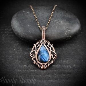 Blue labradorite pendant, Free-Flow Copper Wire wrapped necklace, Unique handmade gift, One of a kind artisan boho jewelry
