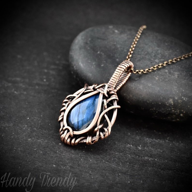 Blue labradorite pendant, Free-Flow Copper Wire wrapped necklace, Unique handmade gift, One of a kind artisan boho jewelry