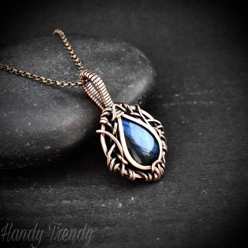 Blue labradorite pendant, Free-Flow Copper Wire wrapped necklace, Unique handmade gift, One of a kind artisan boho jewelry