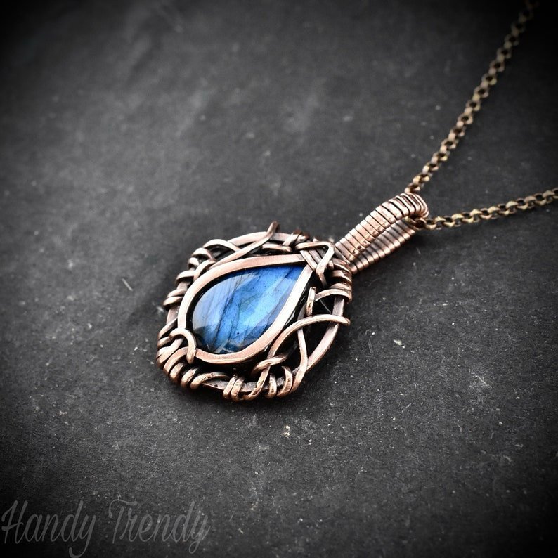 Blue labradorite pendant, Free-Flow Copper Wire wrapped necklace, Unique handmade gift, One of a kind artisan boho jewelry