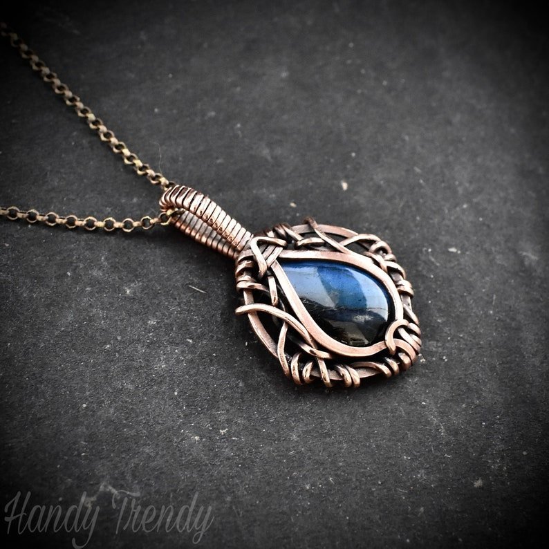 Blue labradorite pendant, Free-Flow Copper Wire wrapped necklace, Unique handmade gift, One of a kind artisan boho jewelry