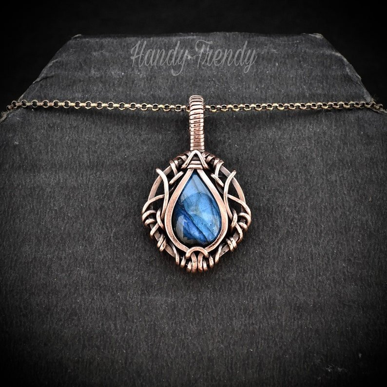Blue labradorite pendant, Free-Flow Copper Wire wrapped necklace, Unique handmade gift, One of a kind artisan boho jewelry