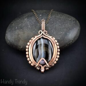Black banded agate wave pendant, Copper wire wrap jewelry, Unique handmade gift, Artisan necklace, One of a kind piece