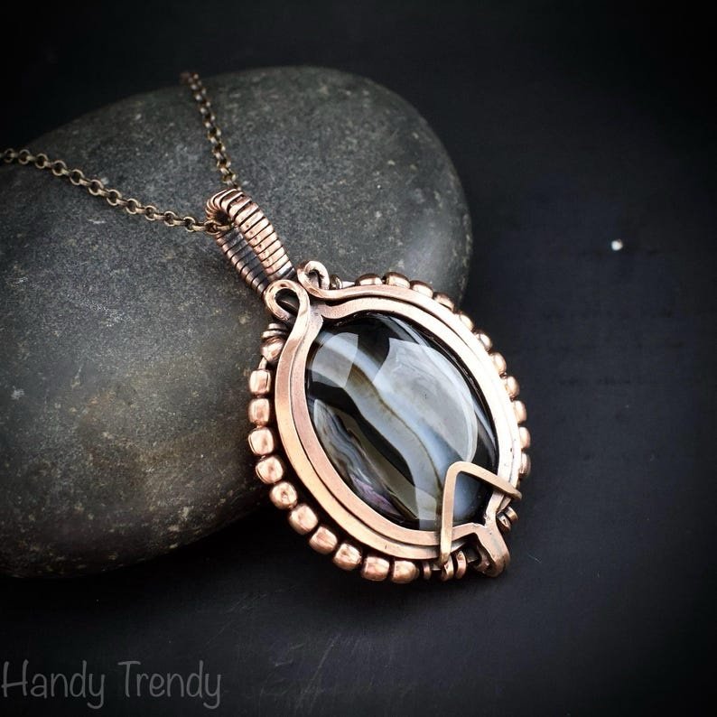 Black banded agate wave pendant, Copper wire wrap jewelry, Unique handmade gift, Artisan necklace, One of a kind piece