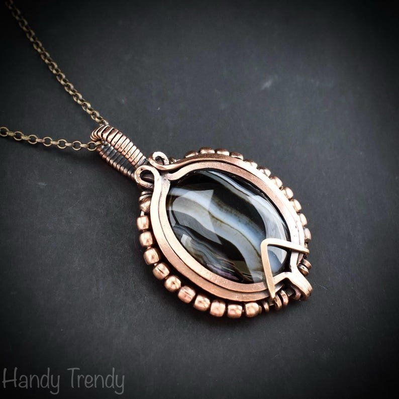Black banded agate wave pendant, Copper wire wrap jewelry, Unique handmade gift, Artisan necklace, One of a kind piece