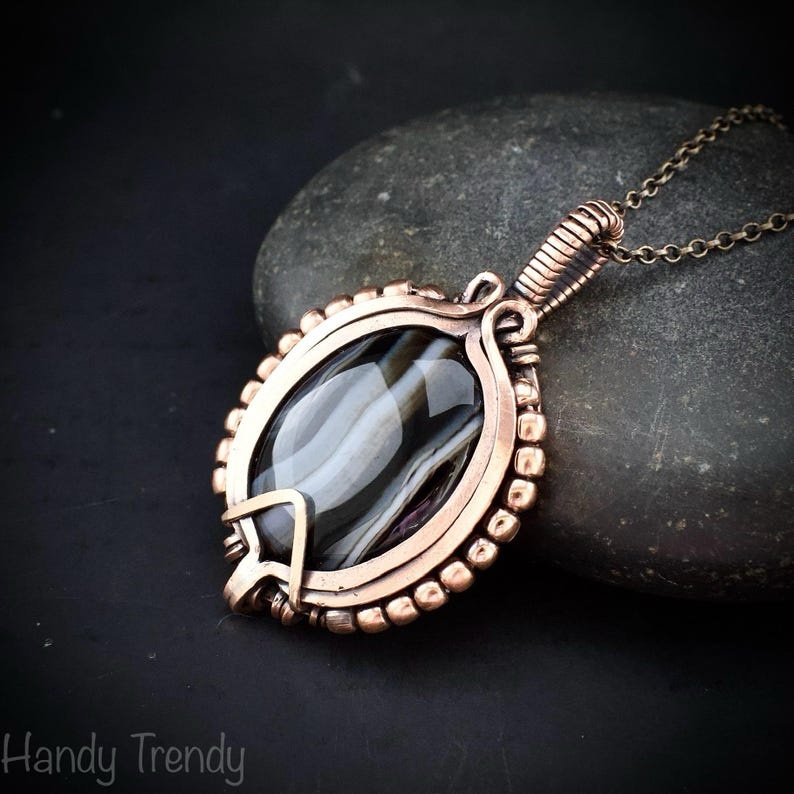 Black banded agate wave pendant, Copper wire wrap jewelry, Unique handmade gift, Artisan necklace, One of a kind piece