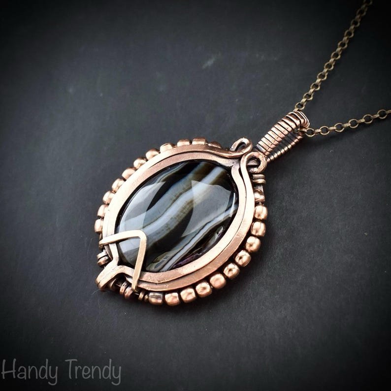 Black banded agate wave pendant, Copper wire wrap jewelry, Unique handmade gift, Artisan necklace, One of a kind piece