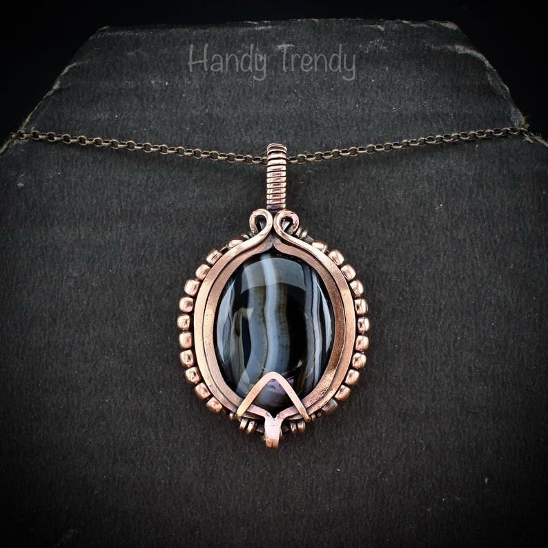 Black banded agate wave pendant, Copper wire wrap jewelry, Unique handmade gift, Artisan necklace, One of a kind piece
