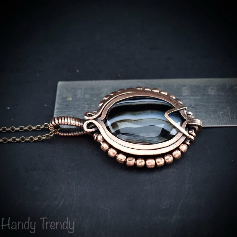 Black banded agate wave pendant, Copper wire wrap jewelry, Unique handmade gift, Artisan necklace, One of a kind piece