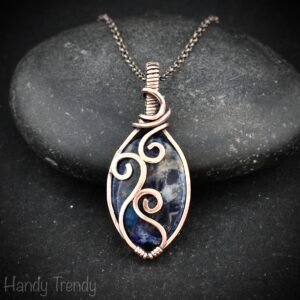 Sodalite pendant, Copper wire wrap jewelry, Unique handmade gift, Artisan necklace, One of a kind piece, Blue curly necklace