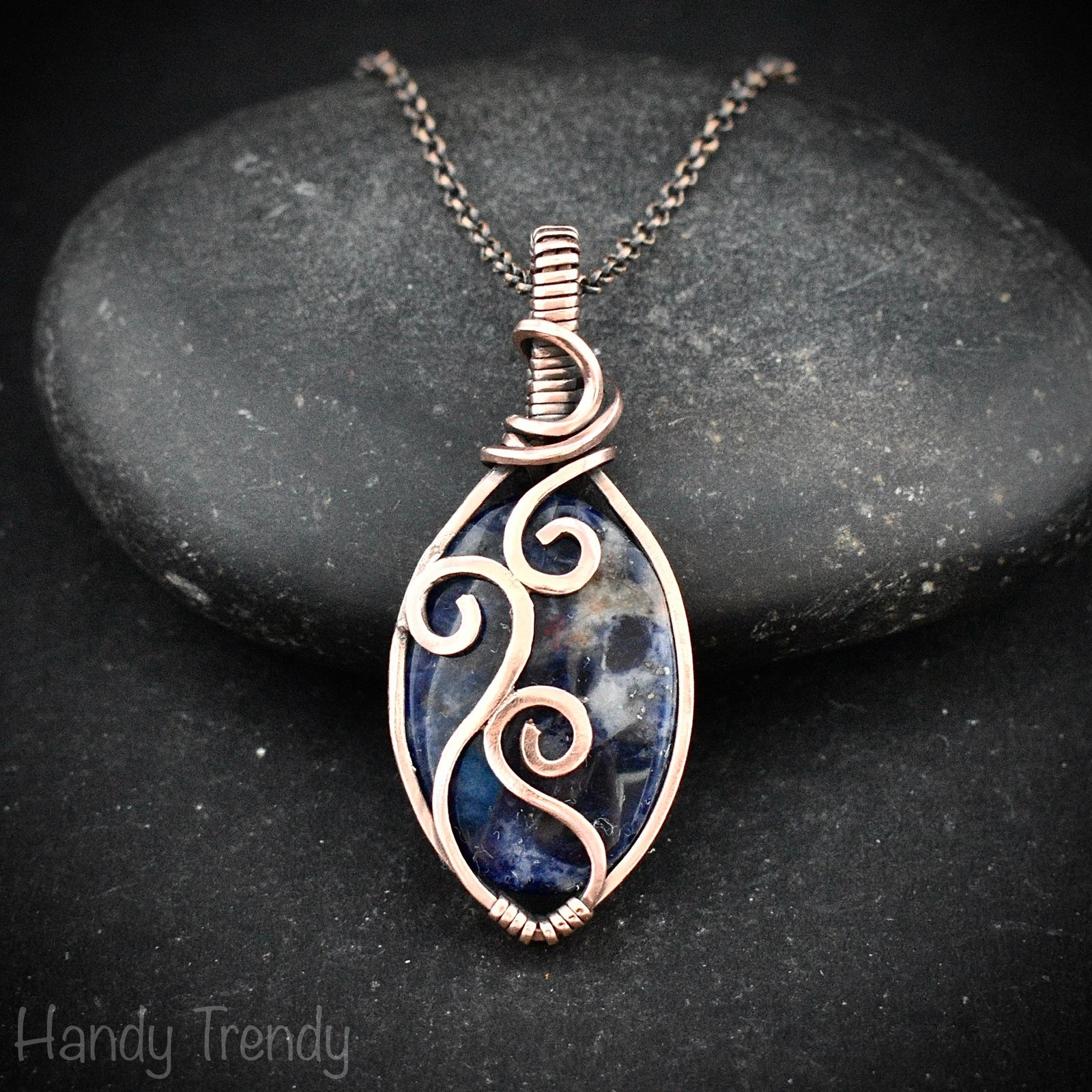Sodalite pendant, Copper wire wrap jewelry, Unique handmade gift, Artisan necklace, One of a kind piece, Blue curly necklace