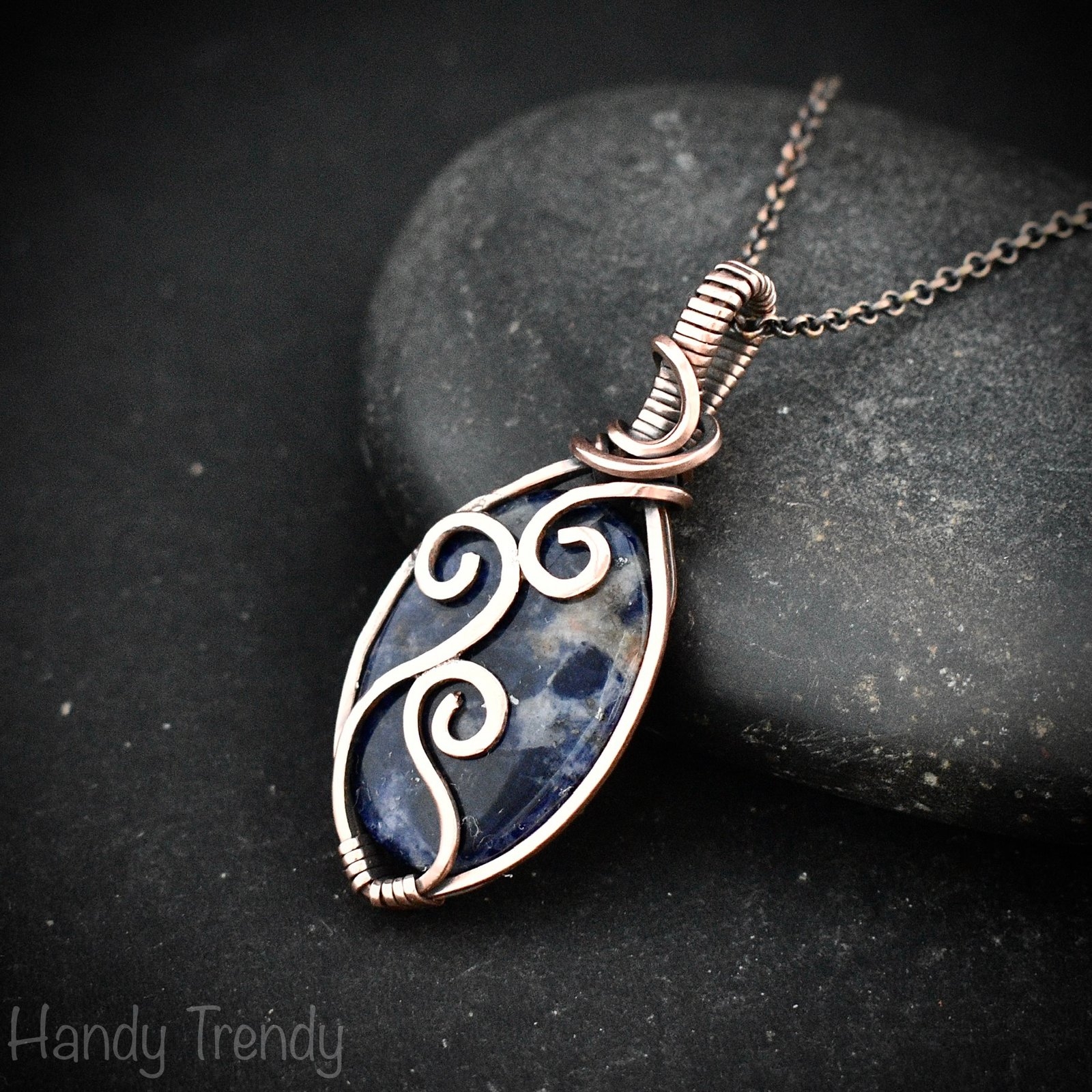 Sodalite pendant, Copper wire wrap jewelry, Unique handmade gift, Artisan necklace, One of a kind piece, Blue curly necklace