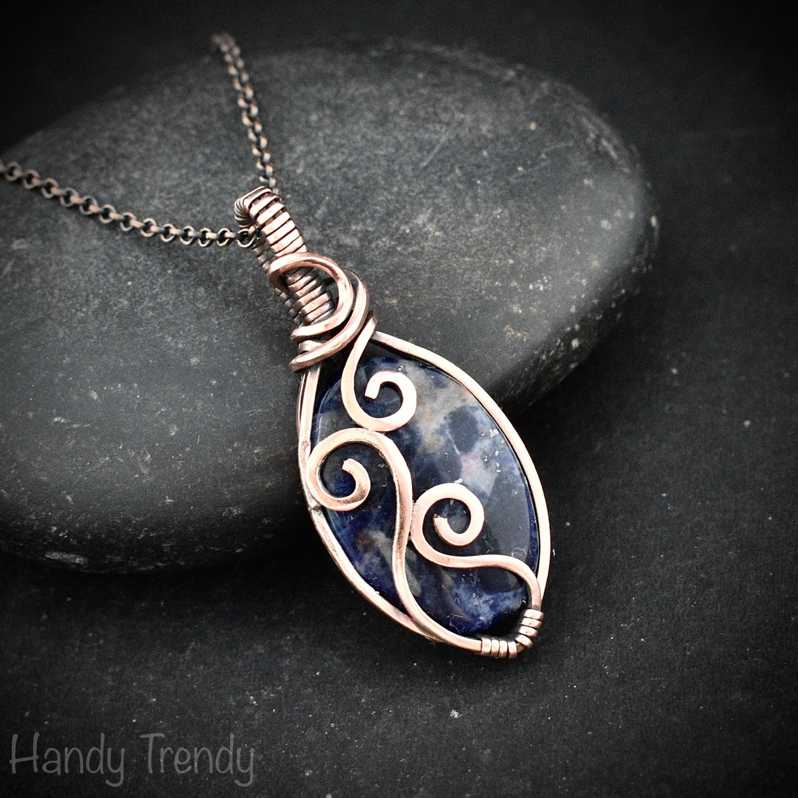 Sodalite pendant, Copper wire wrap jewelry, Unique handmade gift, Artisan necklace, One of a kind piece, Blue curly necklace