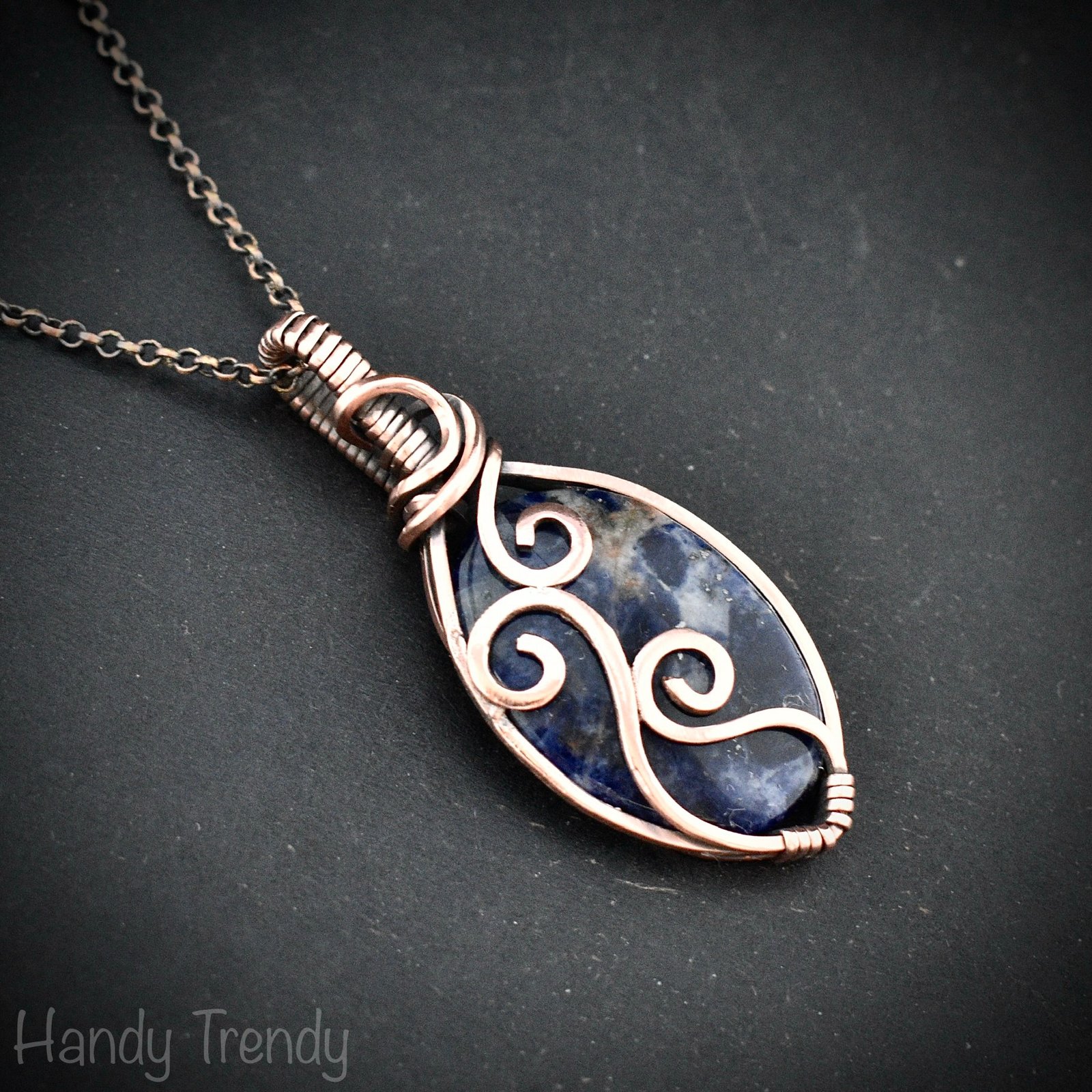 Sodalite pendant, Copper wire wrap jewelry, Unique handmade gift, Artisan necklace, One of a kind piece, Blue curly necklace