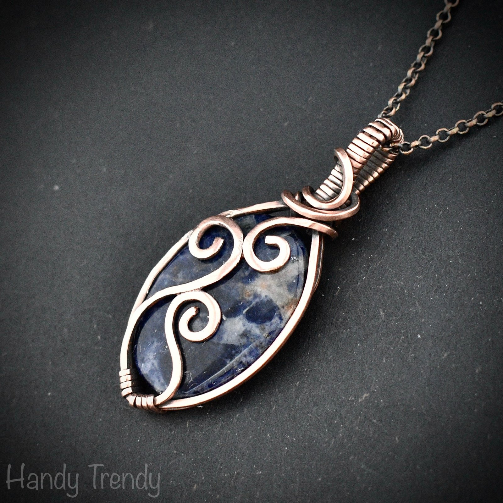 Sodalite pendant, Copper wire wrap jewelry, Unique handmade gift, Artisan necklace, One of a kind piece, Blue curly necklace