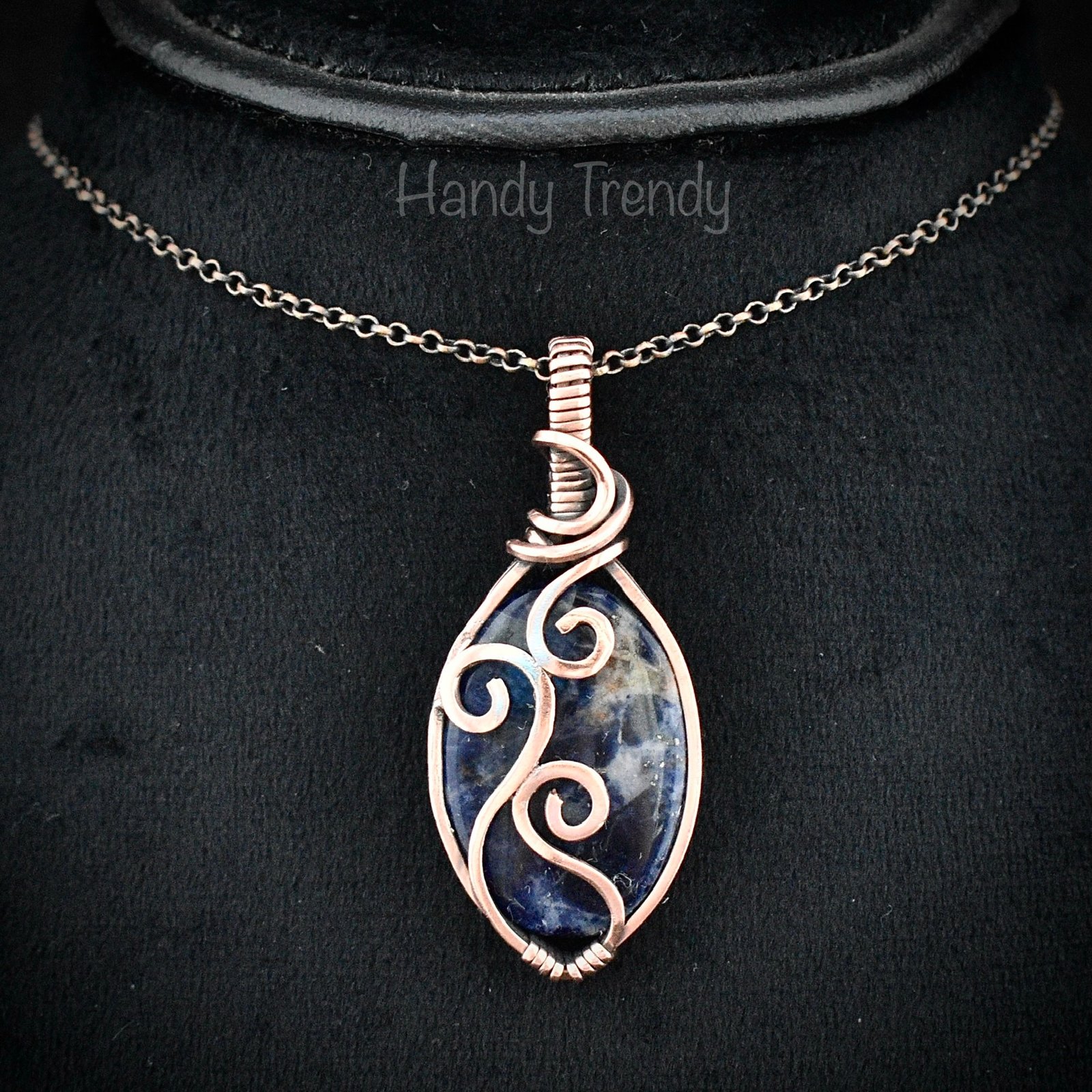 Sodalite pendant, Copper wire wrap jewelry, Unique handmade gift, Artisan necklace, One of a kind piece, Blue curly necklace